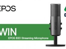 A logo for EPOS and a picture of the microphone from the competition