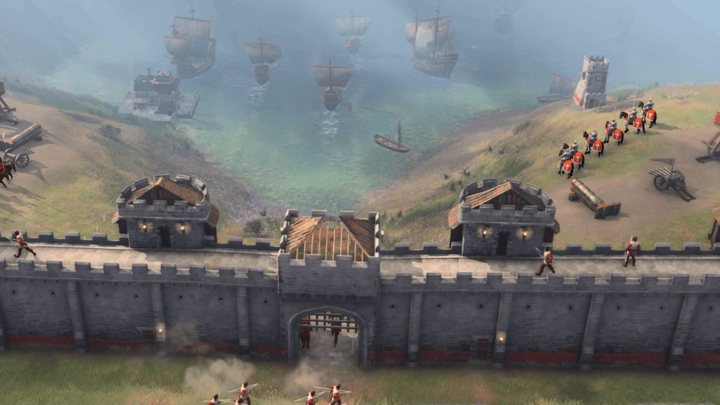 Large stone walls block off entrance from an armada of ships