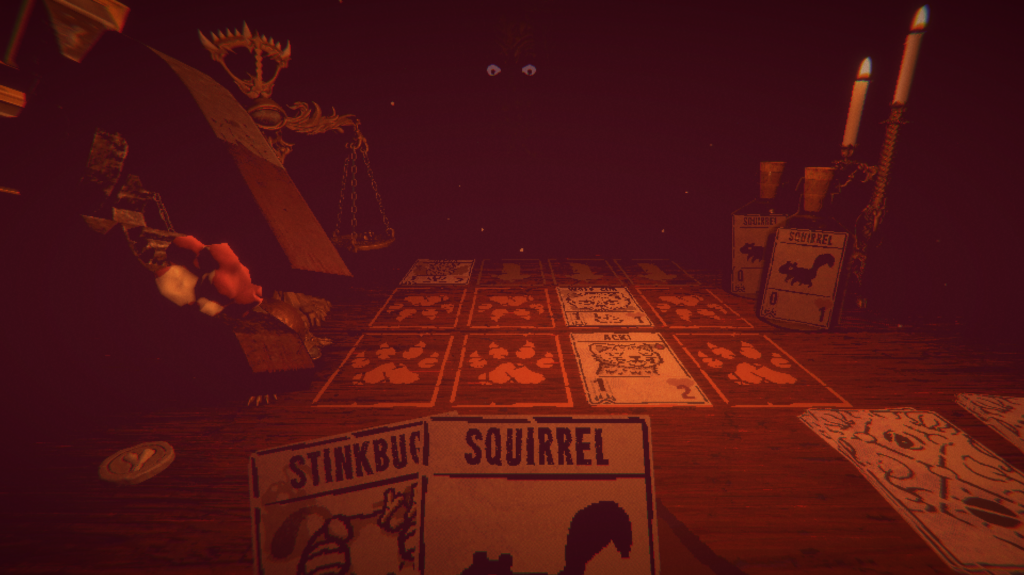 The player holds a squirrel and stinkbug card