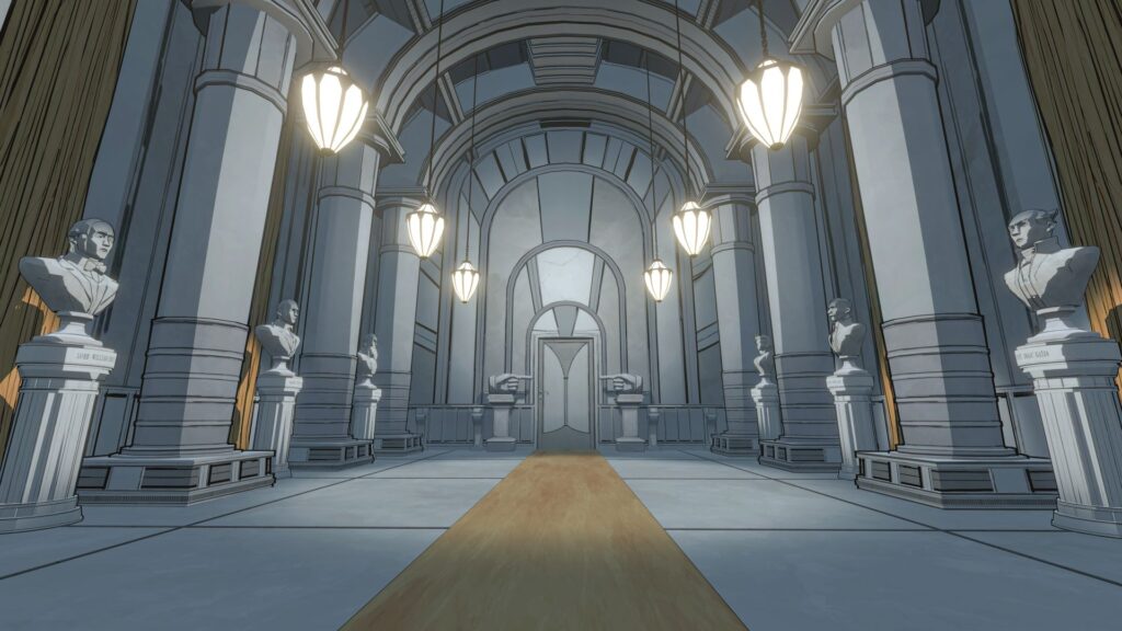 A screenshot from Blue Prince showing a room with a bunch of statues