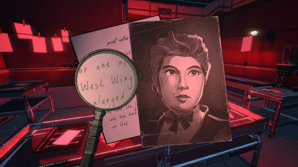 A screenshot from Blue Prince showing a magnifying glass hovering over a hand-written note next to a picture of a woman.