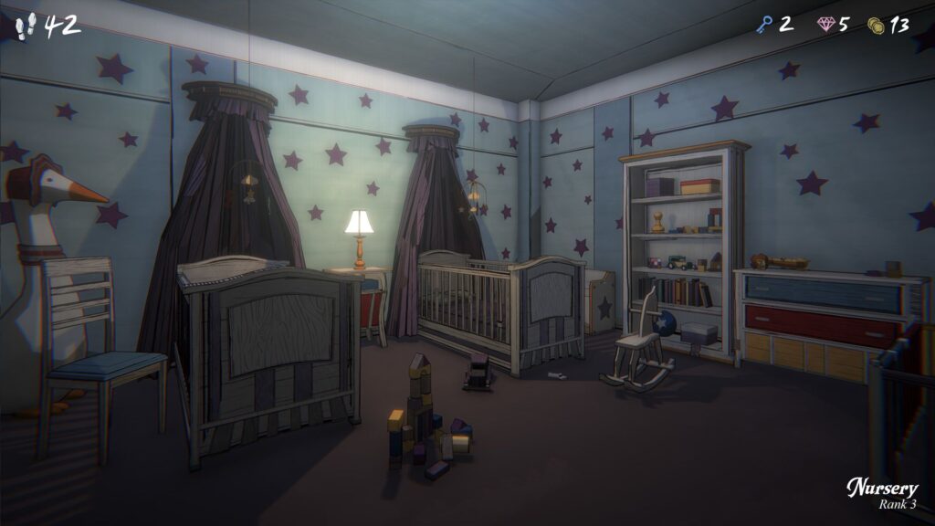 A screenshot from Blue Prince showing a nursery
