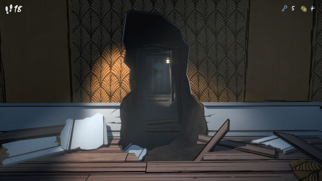 A screenshot from Blue Prince showing a tunnel leading to another door