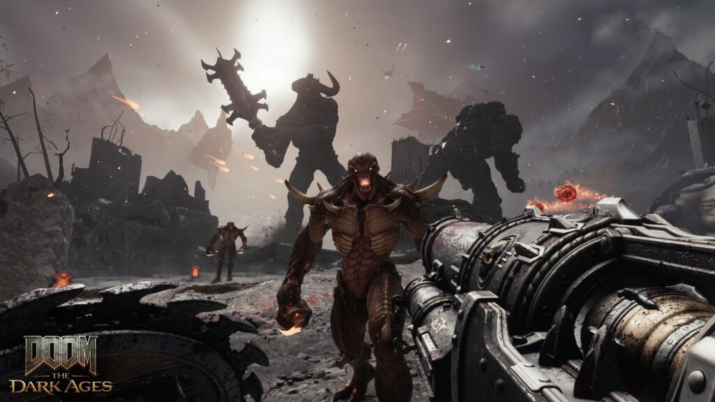 The Slayer walks towards a demon with a nasty looking weapon in hand