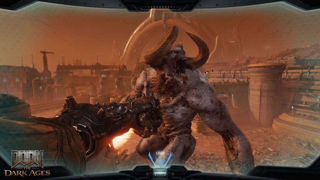 A giant robot fist punches a giant demon