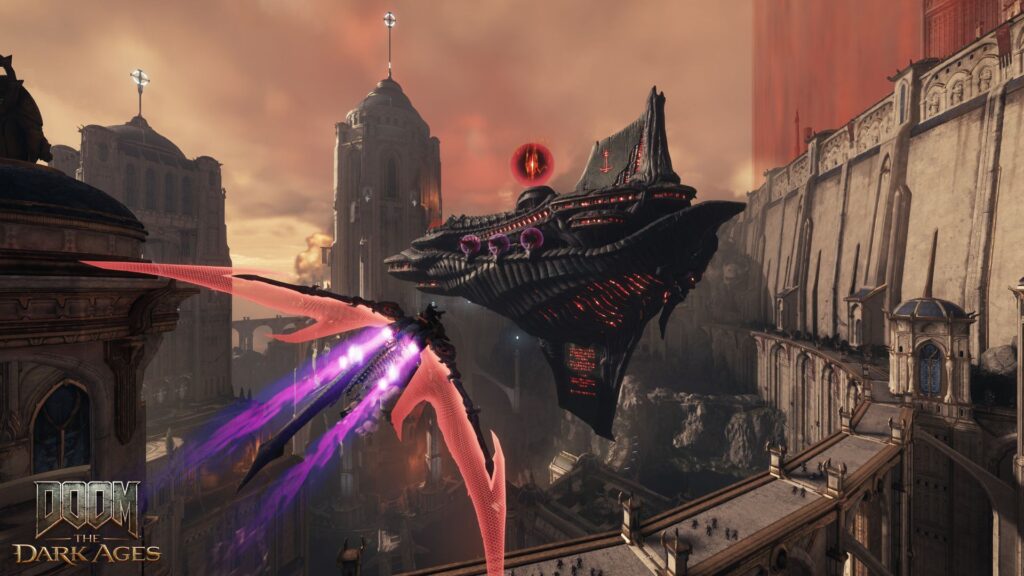 A dragon flies towards a spaceship