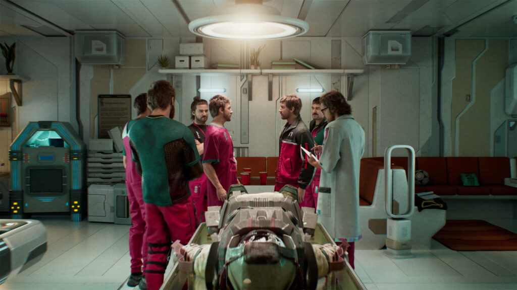 a bunch fo Jan clones stand around a hospital bed in the Alters